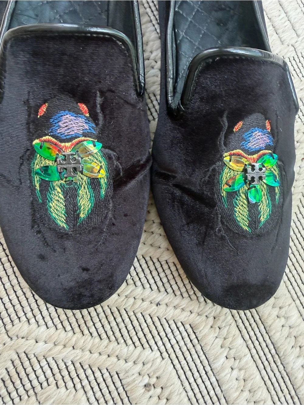 Tory Burch Easton Black Velvet Beetle Loafers Flats Ballet Shoes Size 9.5 M